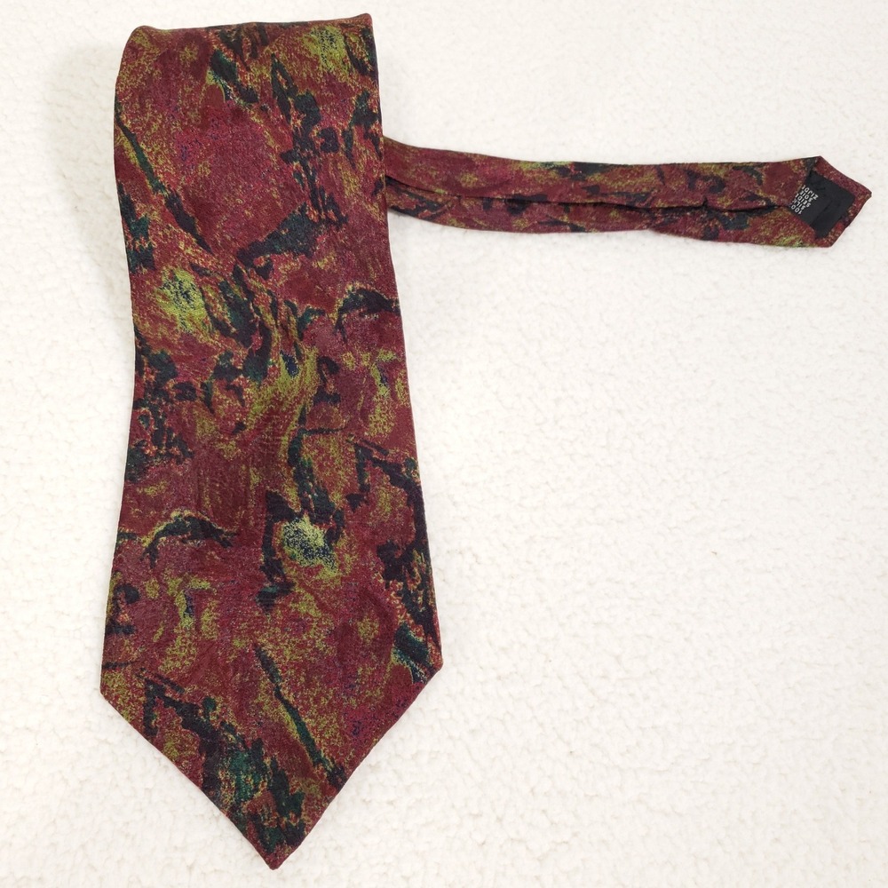 Fendi Silk Tie Mens OS Burgundy Olive Green Abstract Marble Italy Designer